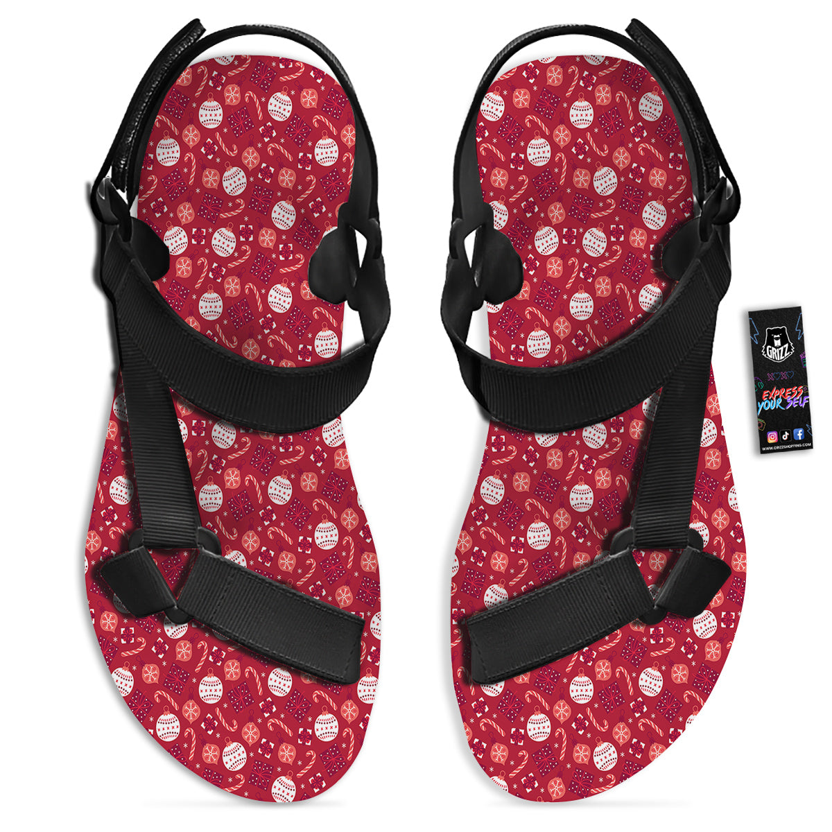 Cute Christmas Elements Print Pattern Black Open Toe Sandals-grizzshop