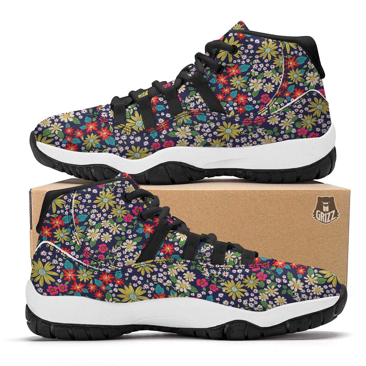 Cute Colorful Daisy Pattern Print Black Bball Shoes-grizzshop