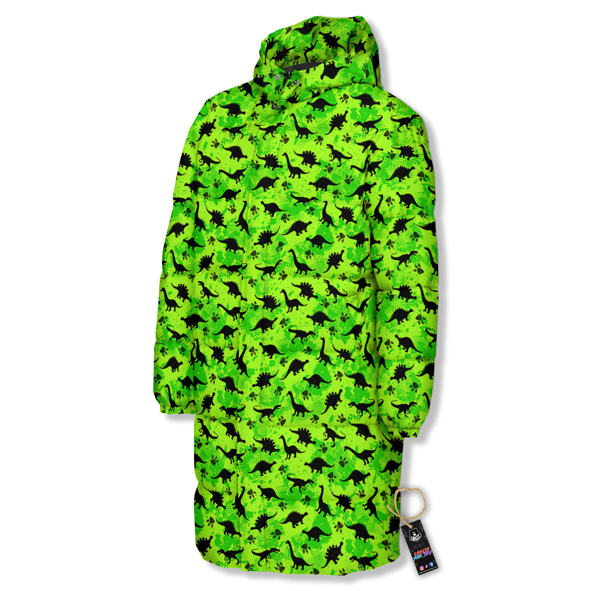 Cute Dino Green Print Pattern Long Down Jacket-grizzshop