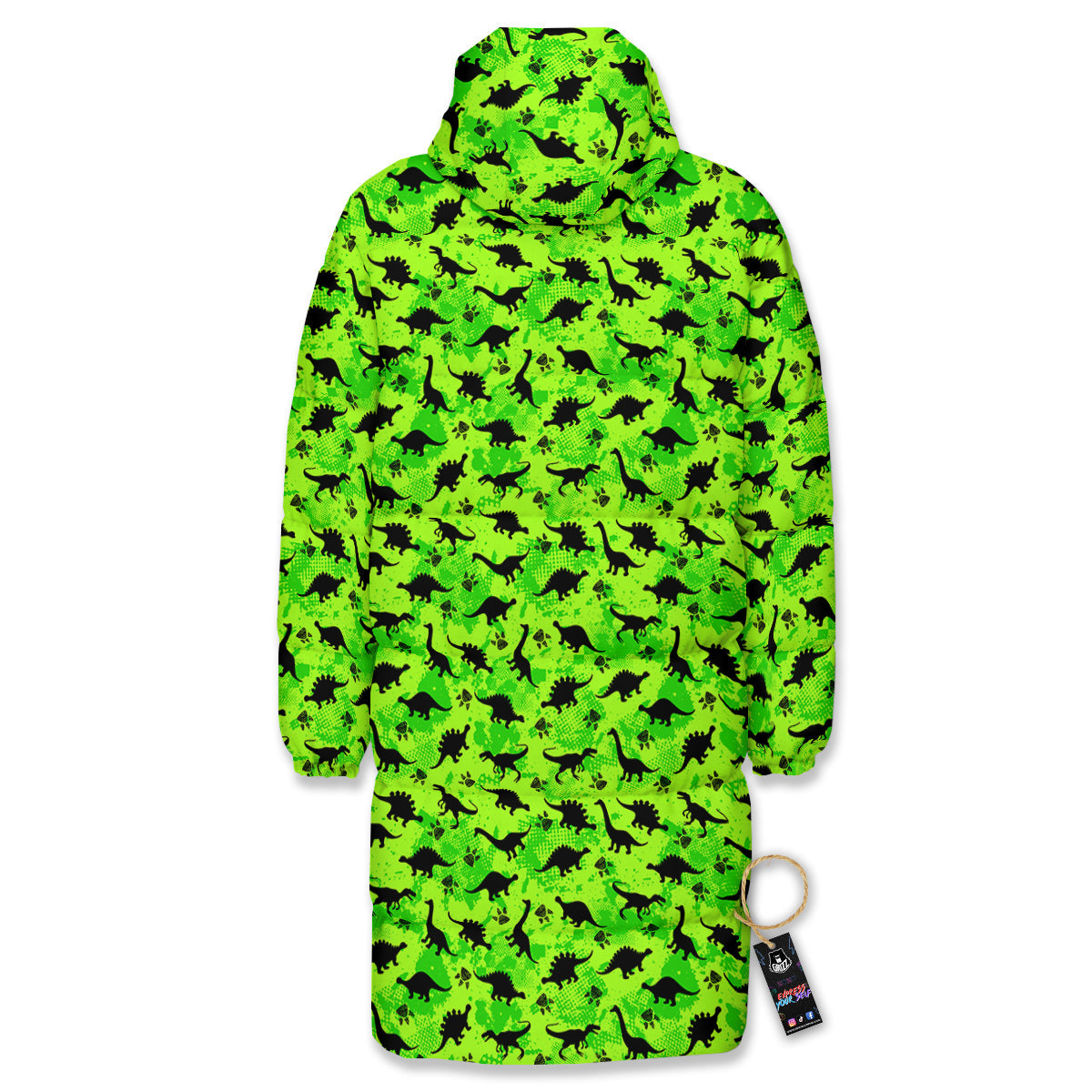Cute Dino Green Print Pattern Long Down Jacket-grizzshop