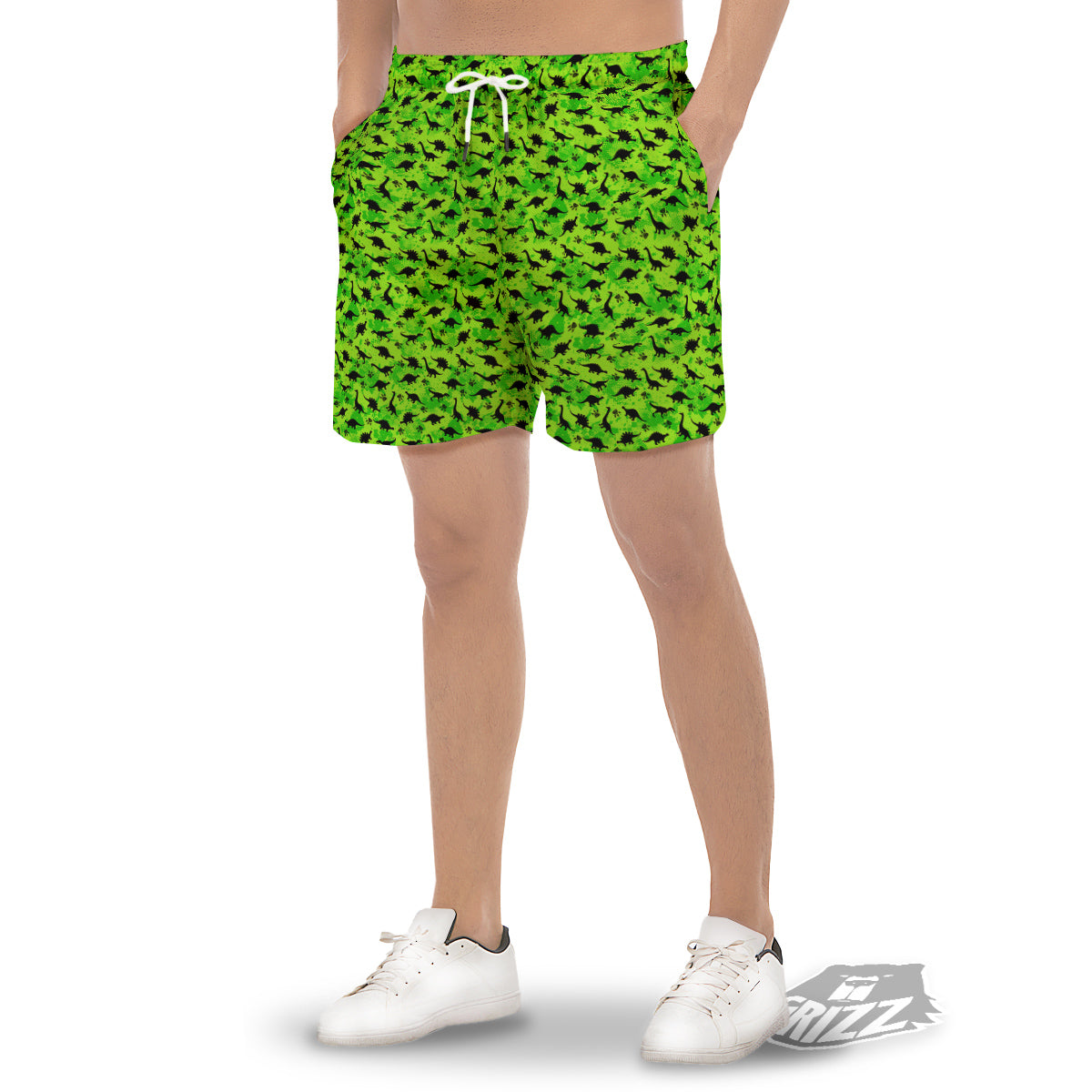 Cute Dino Green Print Pattern Men's Gym Shorts-grizzshop