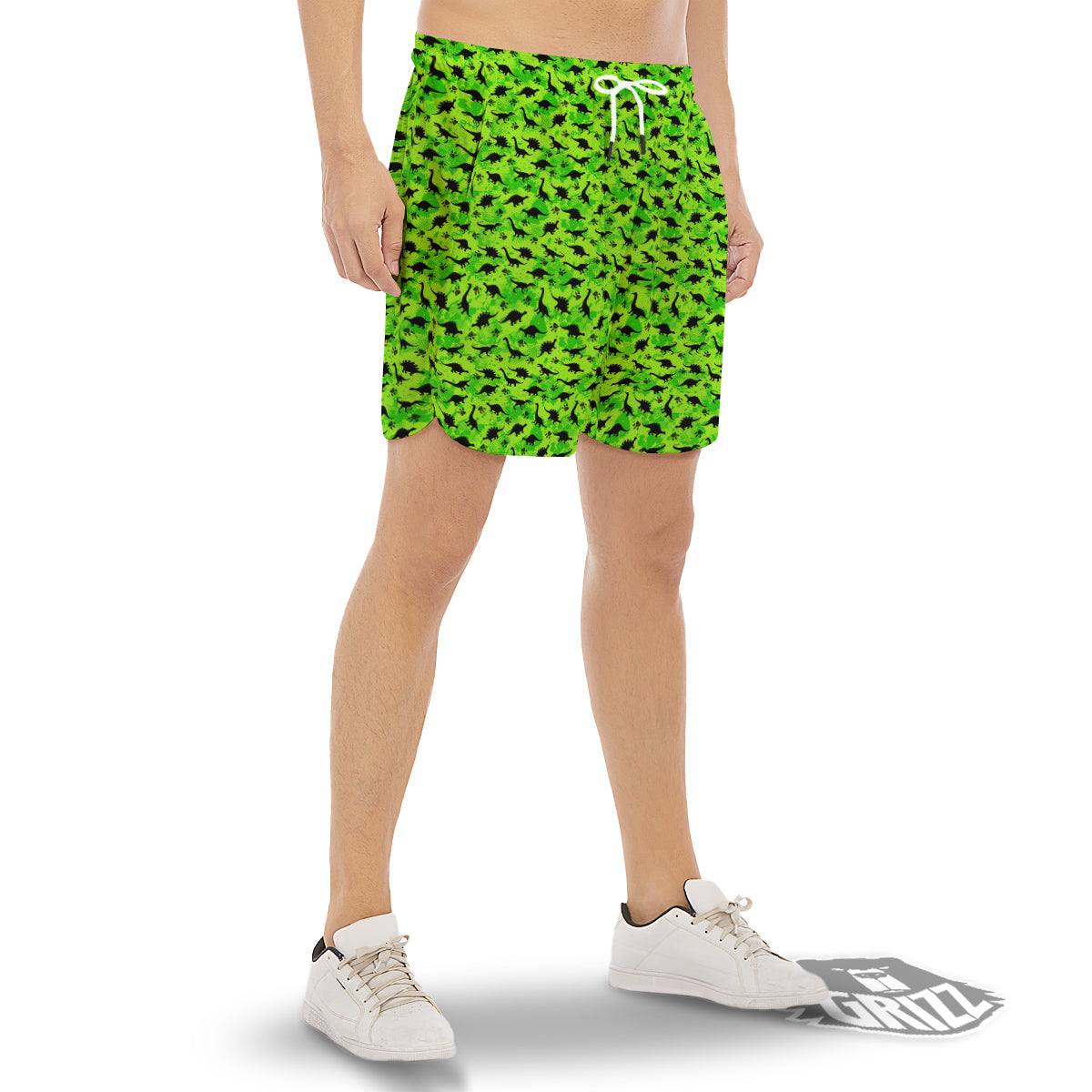Cute Dino Green Print Pattern Men's Gym Shorts-grizzshop