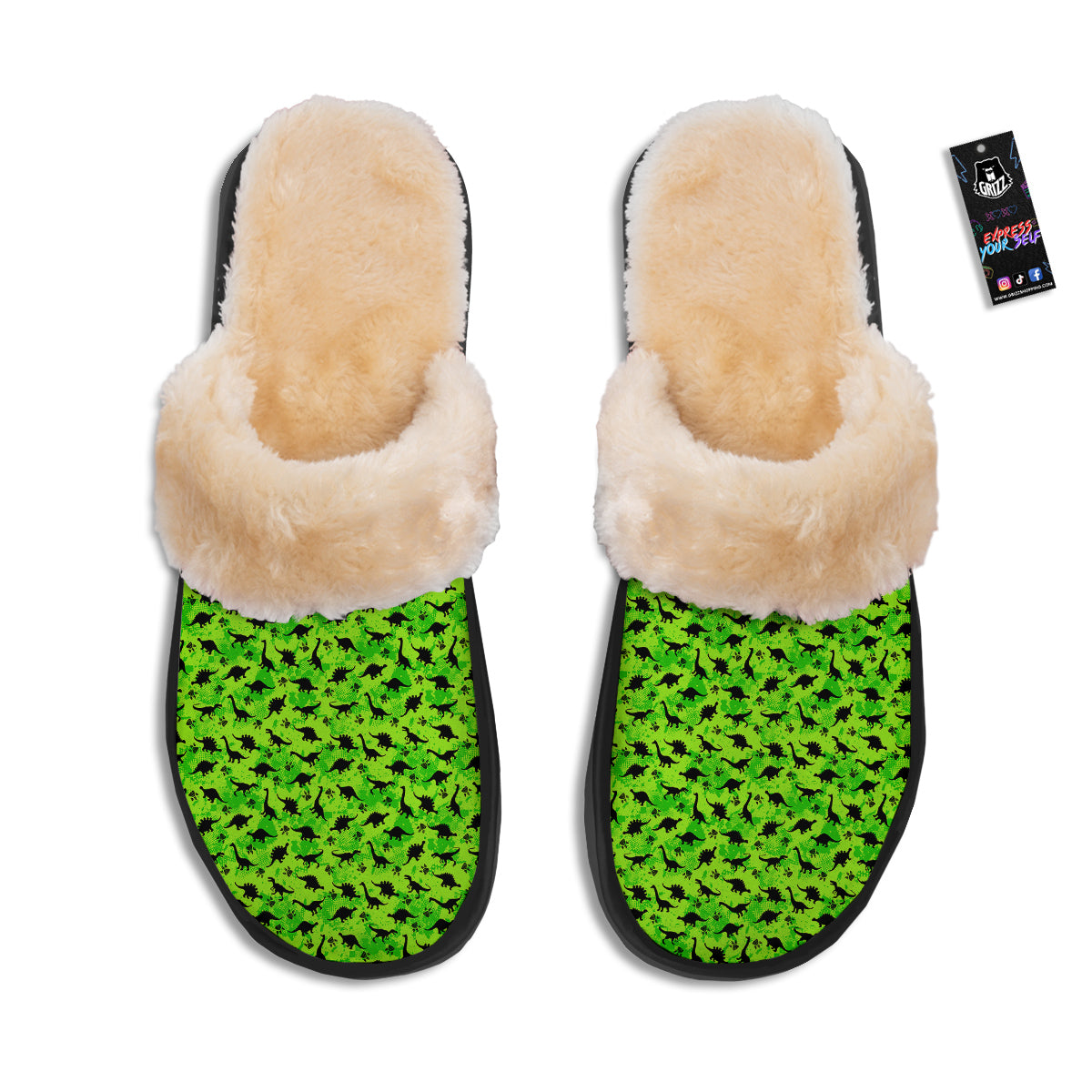 Cute Dino Green Print Pattern Slippers-grizzshop