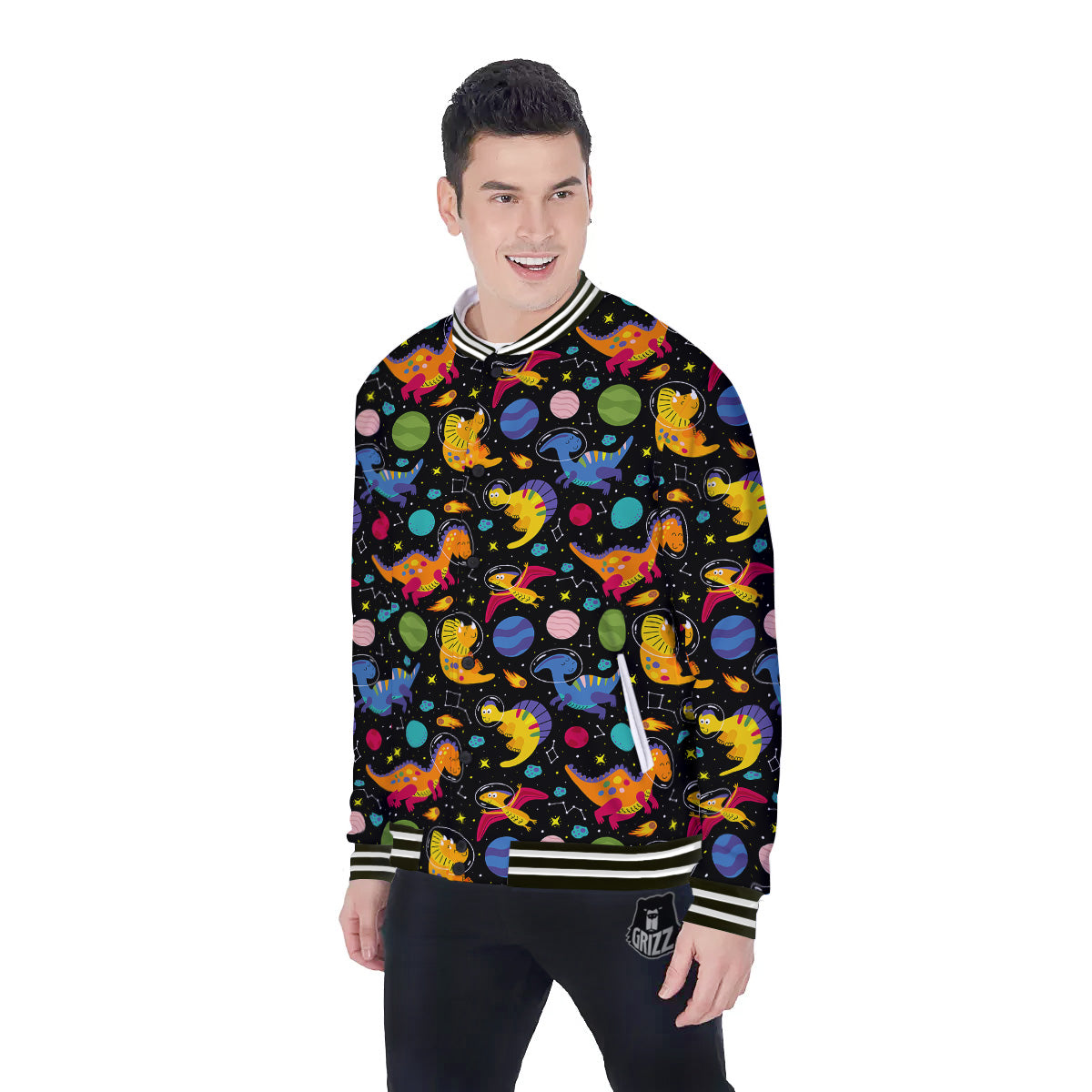 Cute Dinosaurs In Space Print Pattern Baseball Jacket-grizzshop