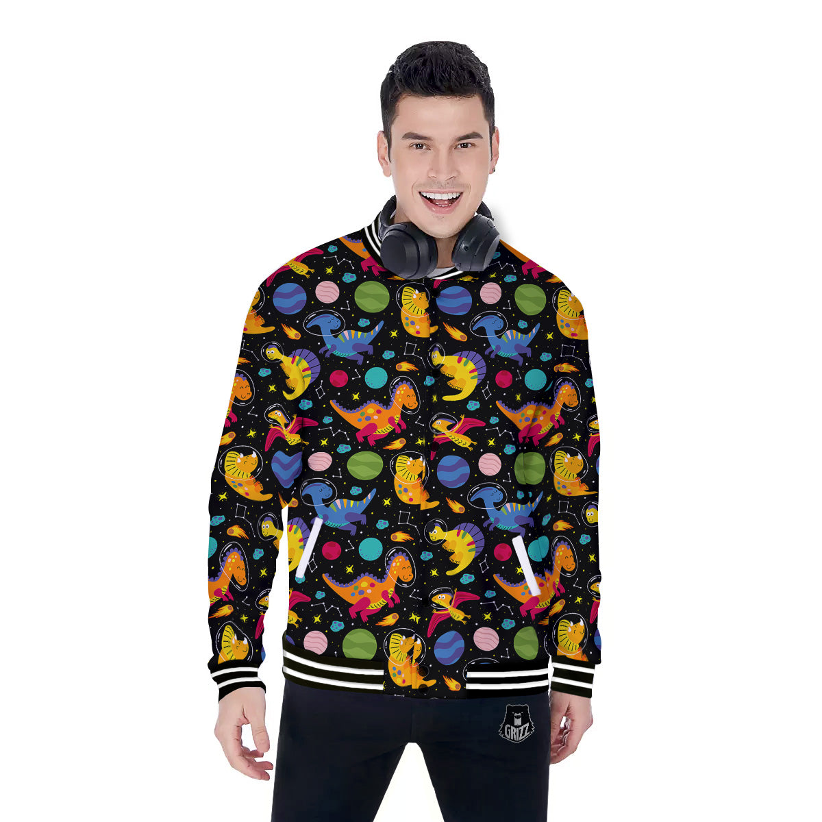 Cute Dinosaurs In Space Print Pattern Baseball Jacket-grizzshop