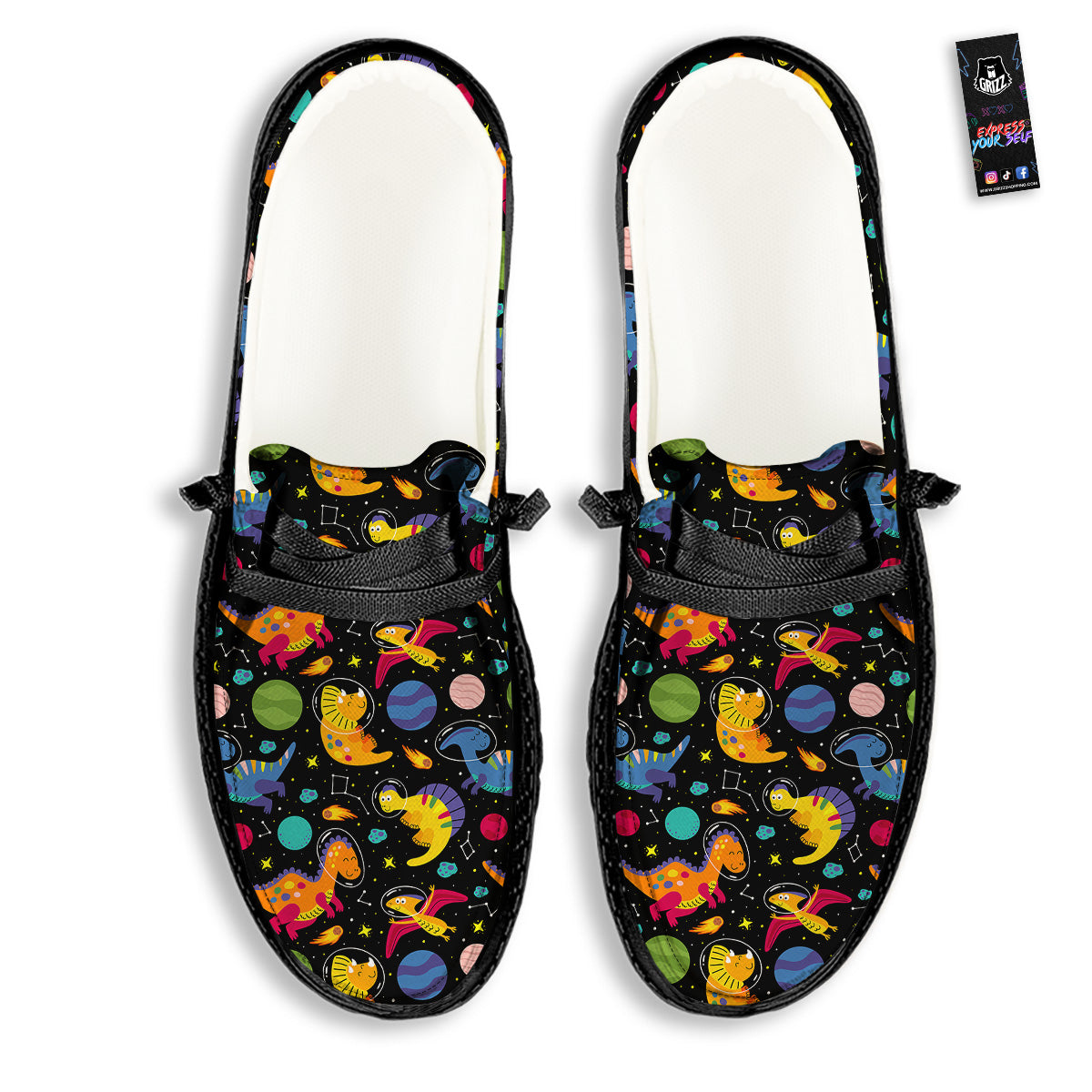 Cute Dinosaurs In Space Print Pattern Black Loafers-grizzshop