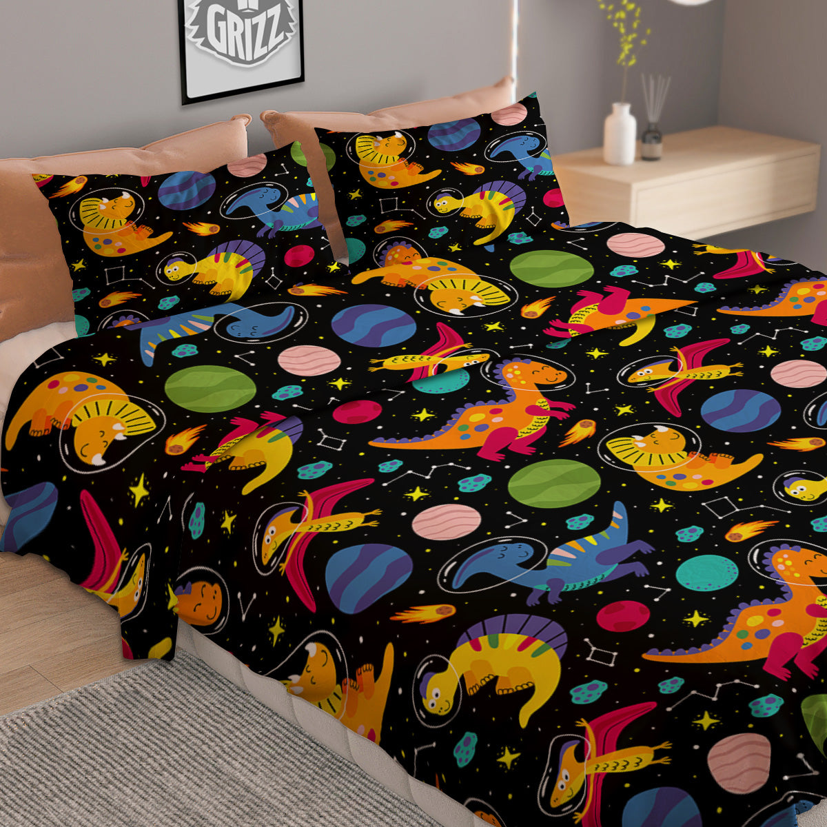Cute Dinosaurs In Space Print Pattern Duvet Cover Bedding Set