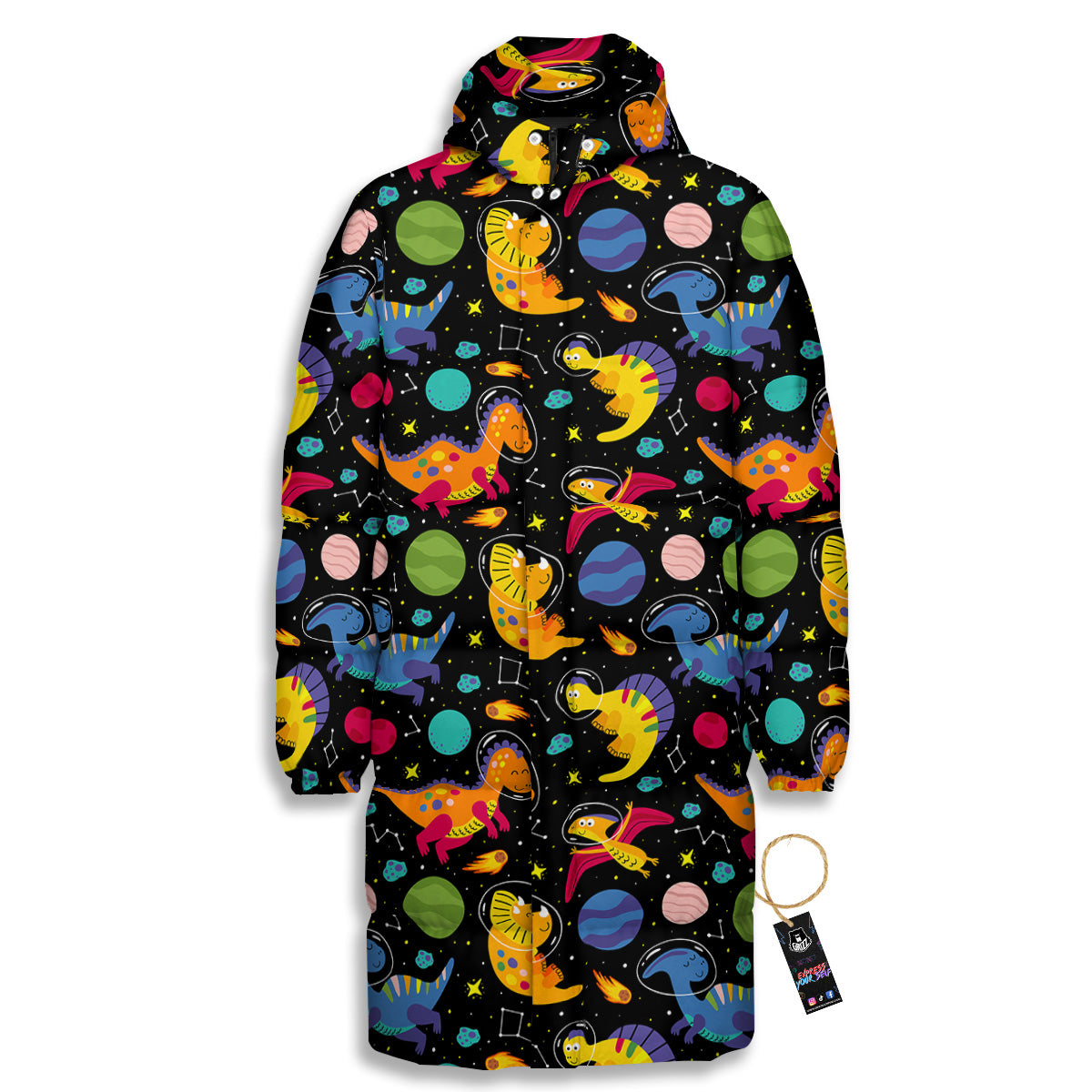 Cute Dinosaurs In Space Print Pattern Long Down Jacket-grizzshop