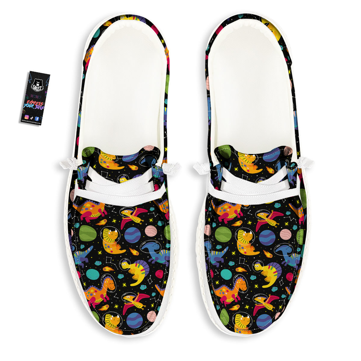 Cute Dinosaurs In Space Print Pattern White Loafers-grizzshop