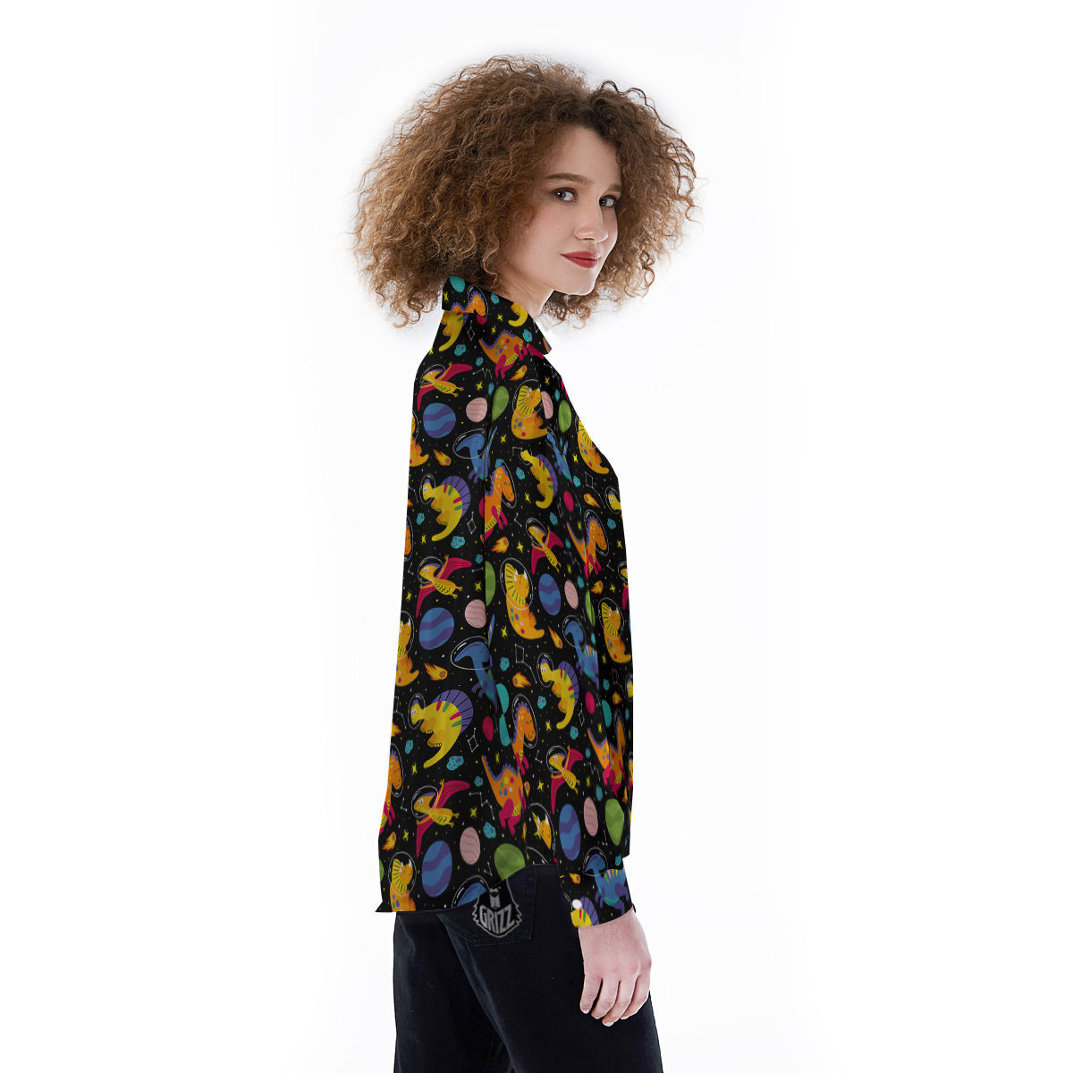 Cute Dinosaurs In Space Print Pattern Women's Long Sleeve Shirts-grizzshop