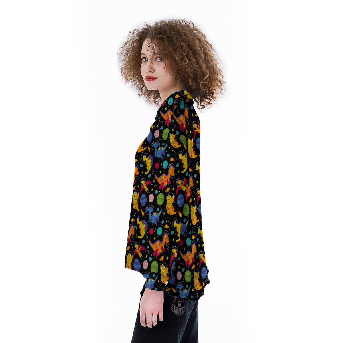 Cute Dinosaurs In Space Print Pattern Women's Long Sleeve Shirts-grizzshop
