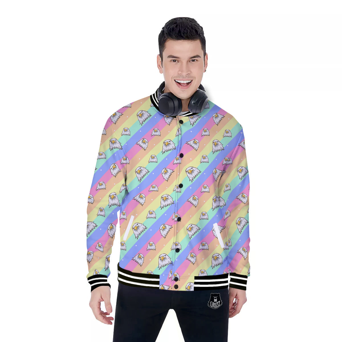 Cute Eagle Rainbow Print Pattern Baseball Jacket-grizzshop