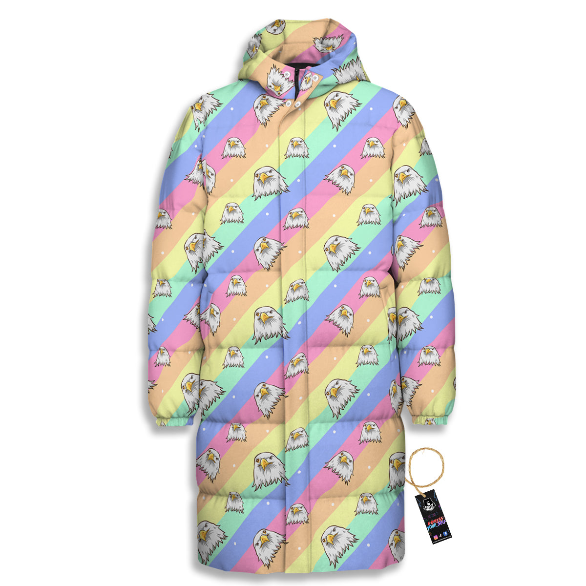 Cute Eagle Rainbow Print Pattern Long Down Jacket-grizzshop