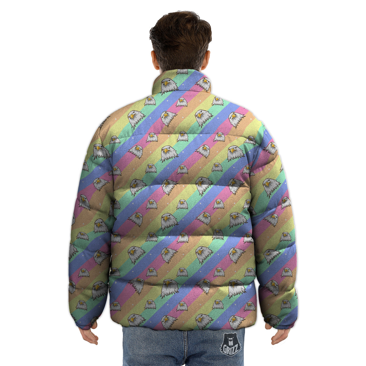 Cute Eagle Rainbow Print Pattern Puffer Jacket-grizzshop