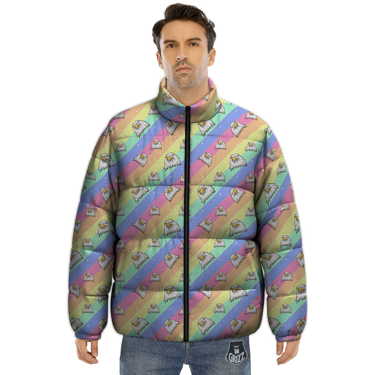 Cute Eagle Rainbow Print Pattern Puffer Jacket-grizzshop