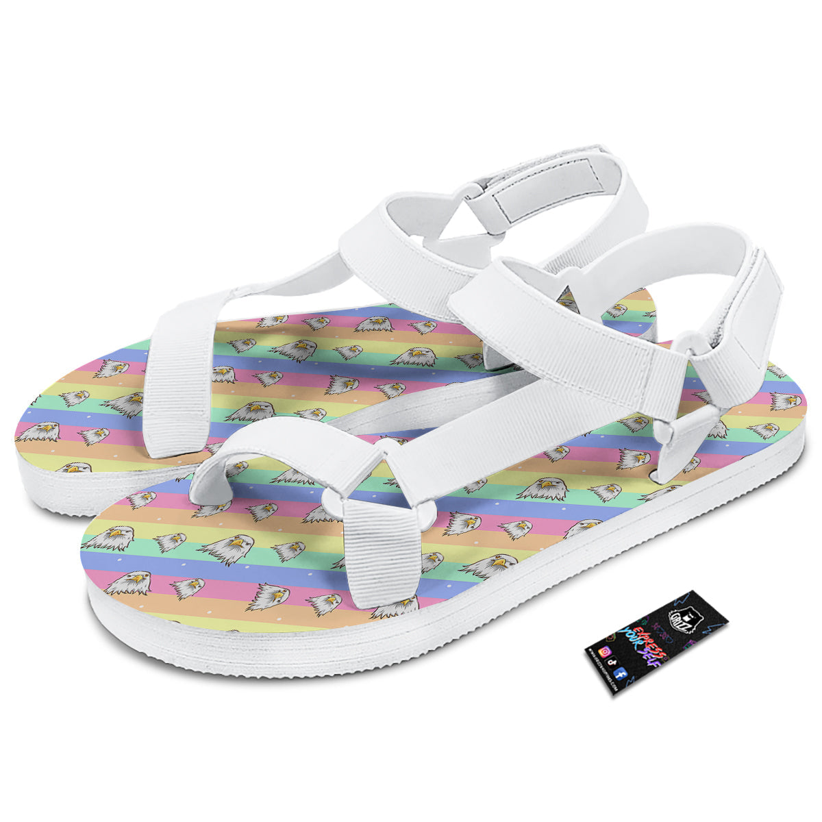 Cute Eagle Rainbow Print Pattern White Open Toe Sandals-grizzshop