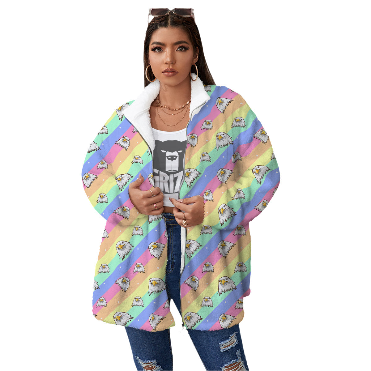 Cute Eagle Rainbow Print Pattern Women's Sherpa Jacket-grizzshop