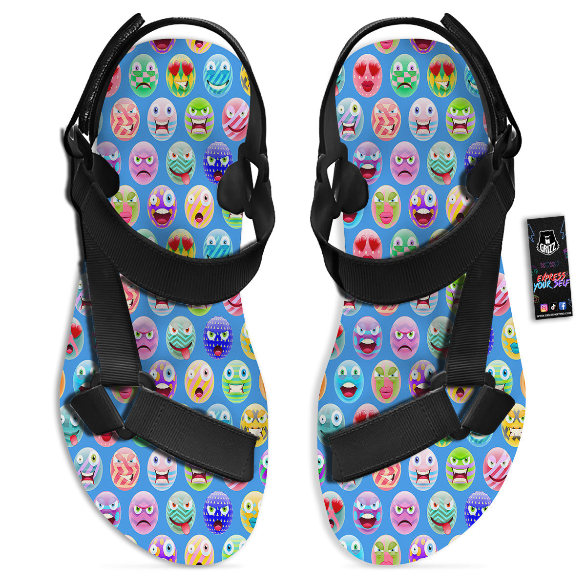 Cute Emoji Blue Print Pattern Black Open Toe Sandals-grizzshop