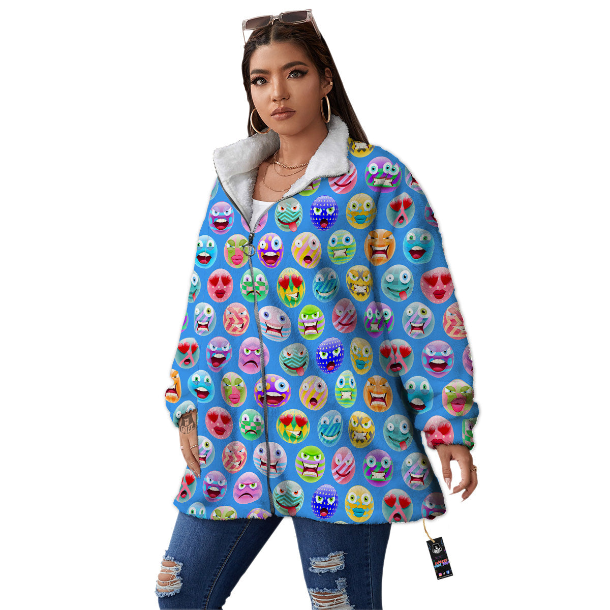 Cute Emoji Blue Print Pattern Women's Sherpa Jacket-grizzshop