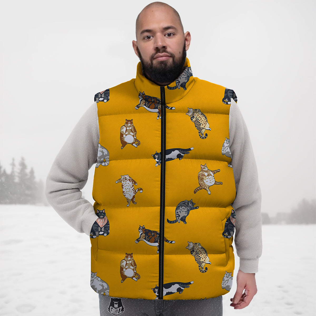 Cute Fat Cat Print Pattern Down Vest-grizzshop