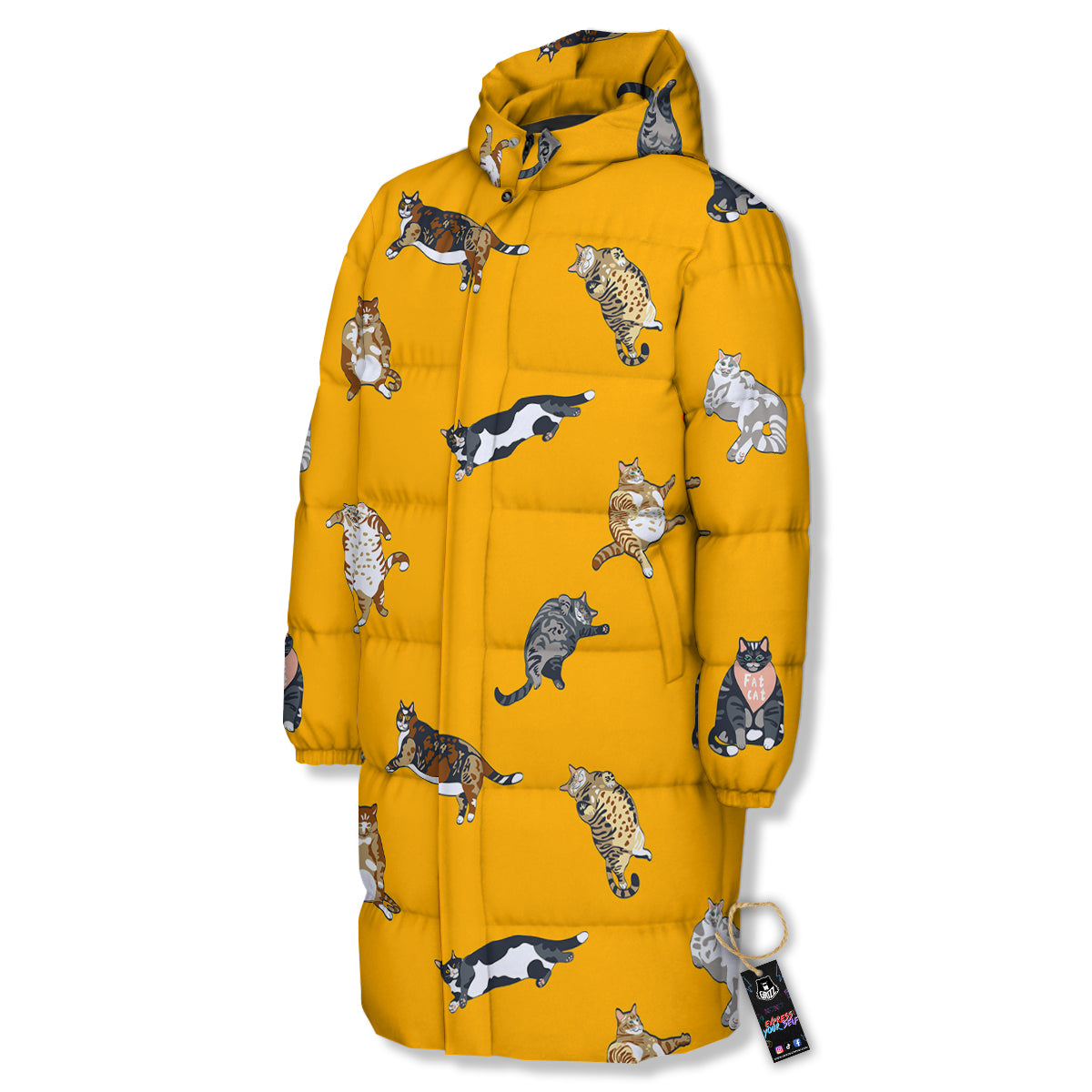 Cute Fat Cat Print Pattern Long Down Jacket-grizzshop