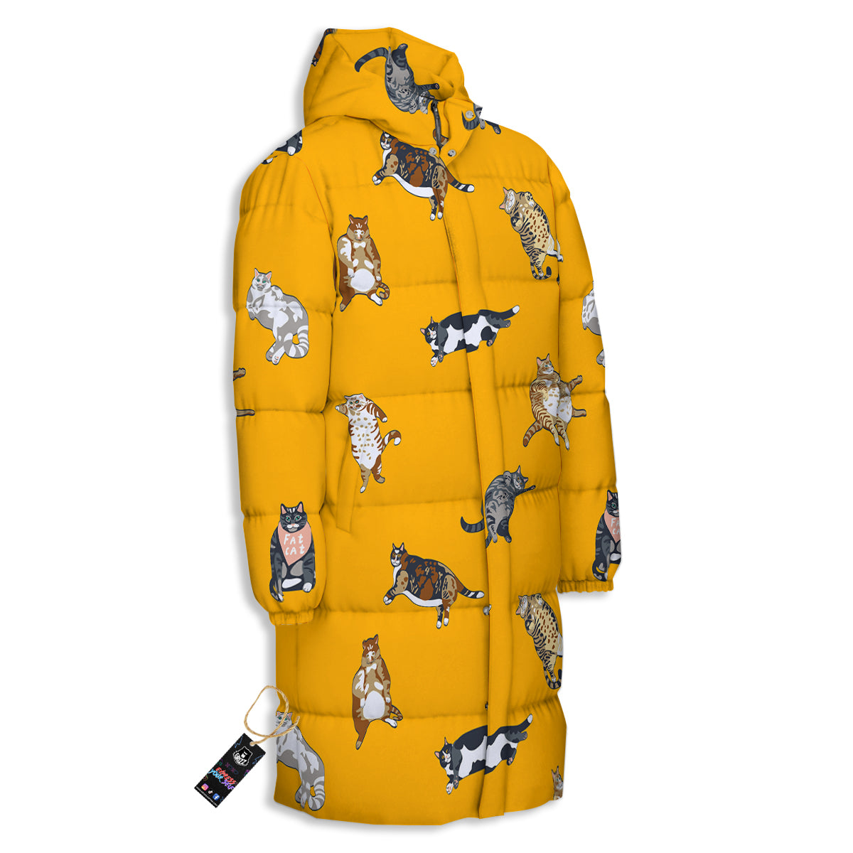 Cute Fat Cat Print Pattern Long Down Jacket-grizzshop