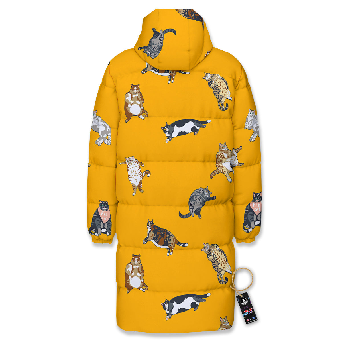 Cute Fat Cat Print Pattern Long Down Jacket-grizzshop