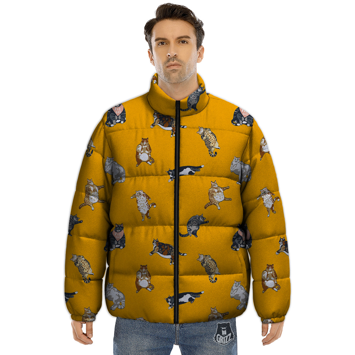 Cute Fat Cat Print Pattern Puffer Jacket-grizzshop
