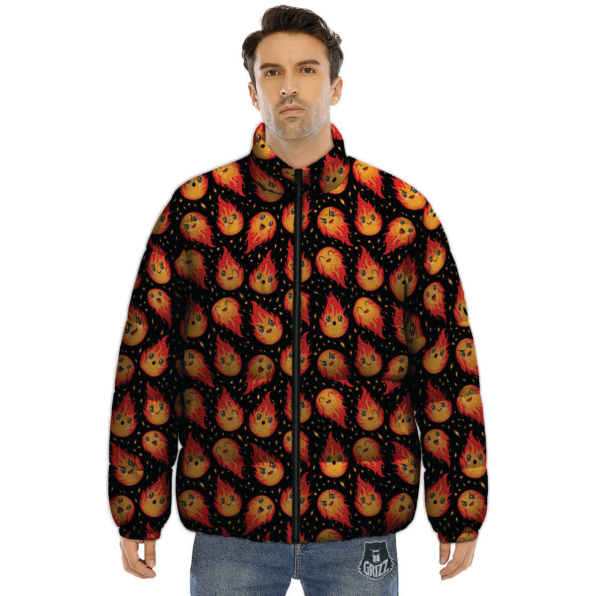 Cute Fire Cartoons Print Pattern Puffer Jacket-grizzshop
