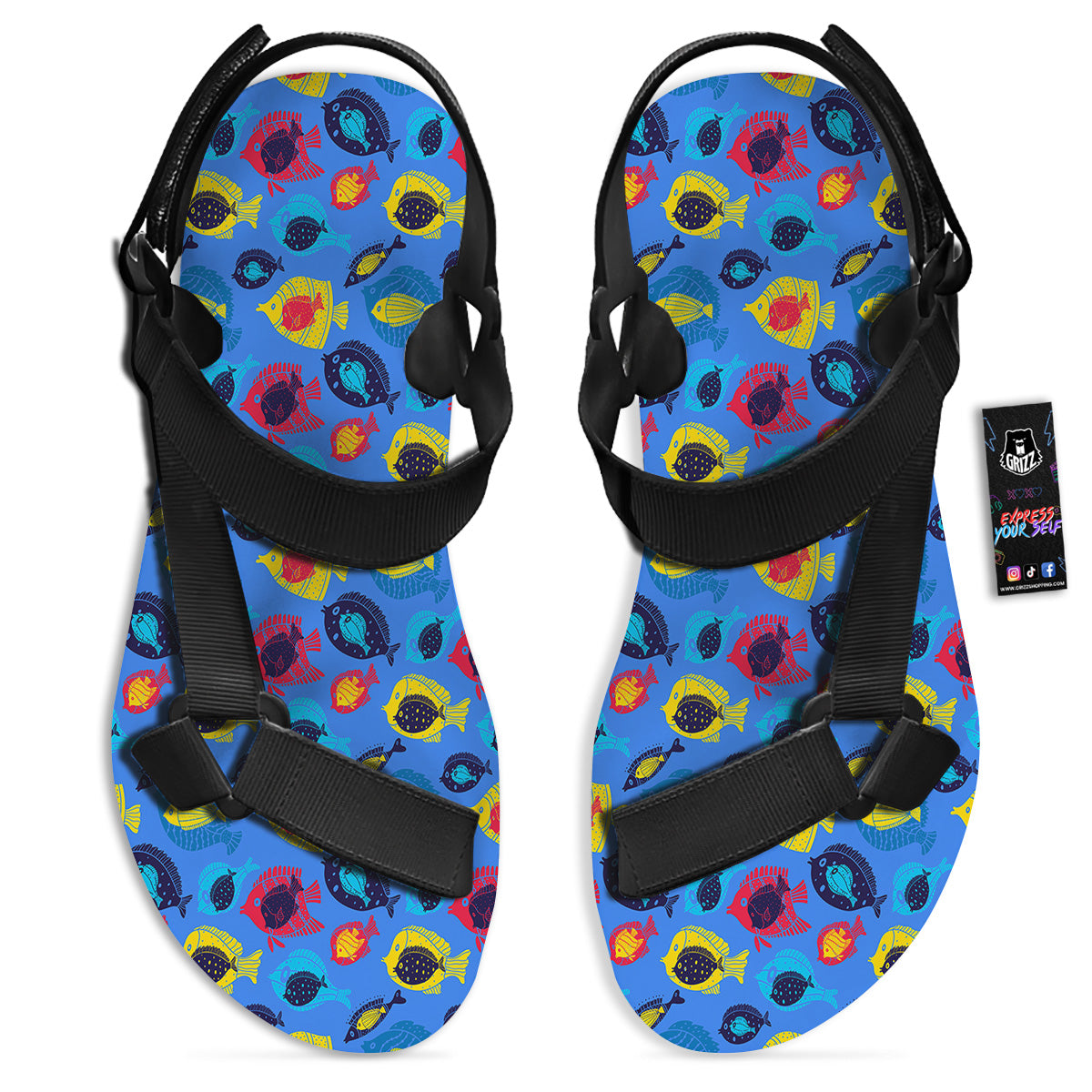 Cute Fish Colorful Blue Print Pattern Black Open Toe Sandals-grizzshop