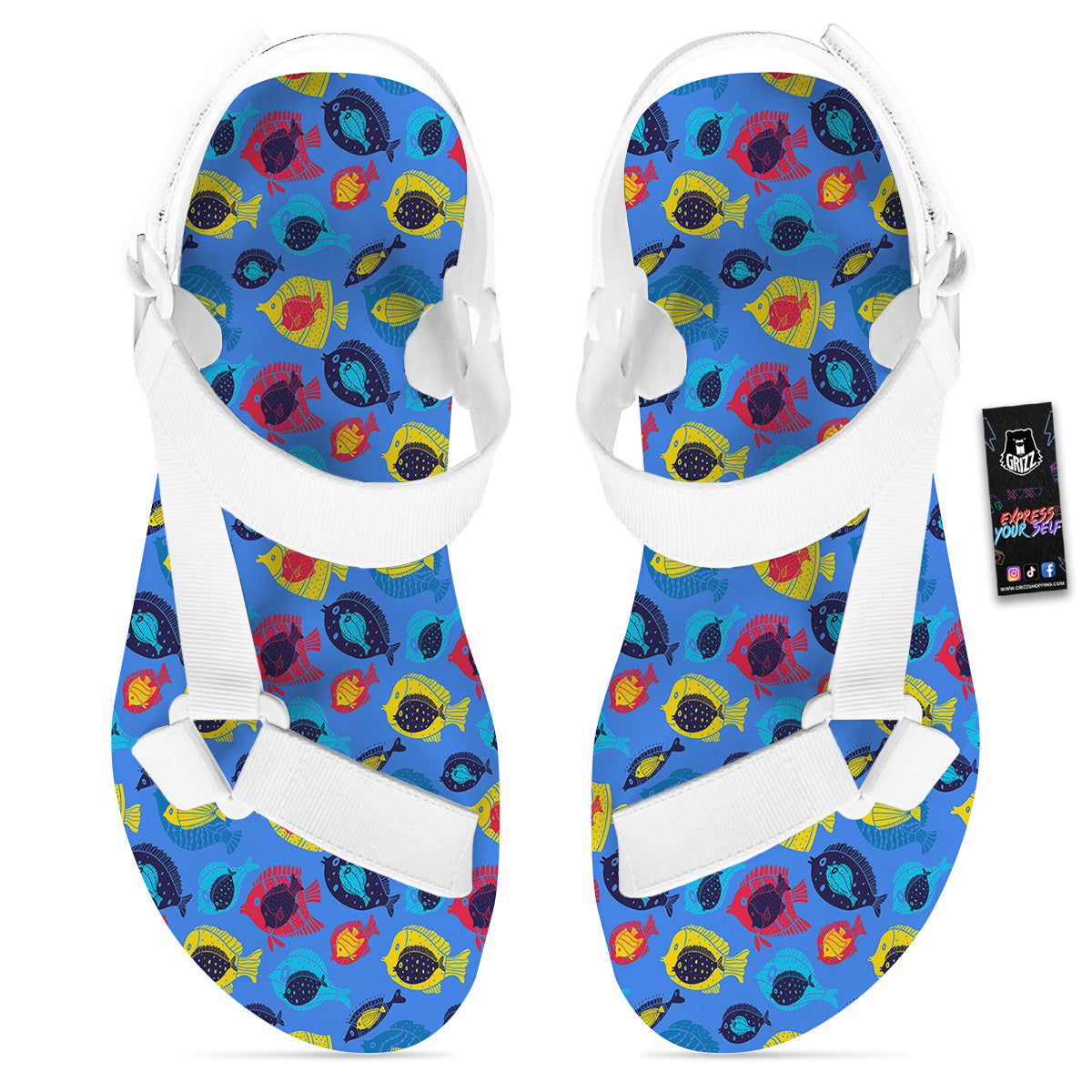 Cute Fish Colorful Blue Print Pattern White Open Toe Sandals-grizzshop