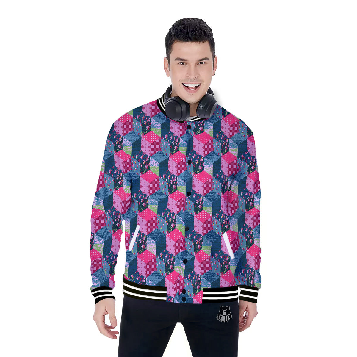 Cute Floral Patchwork Print Pattern Baseball Jacket-grizzshop