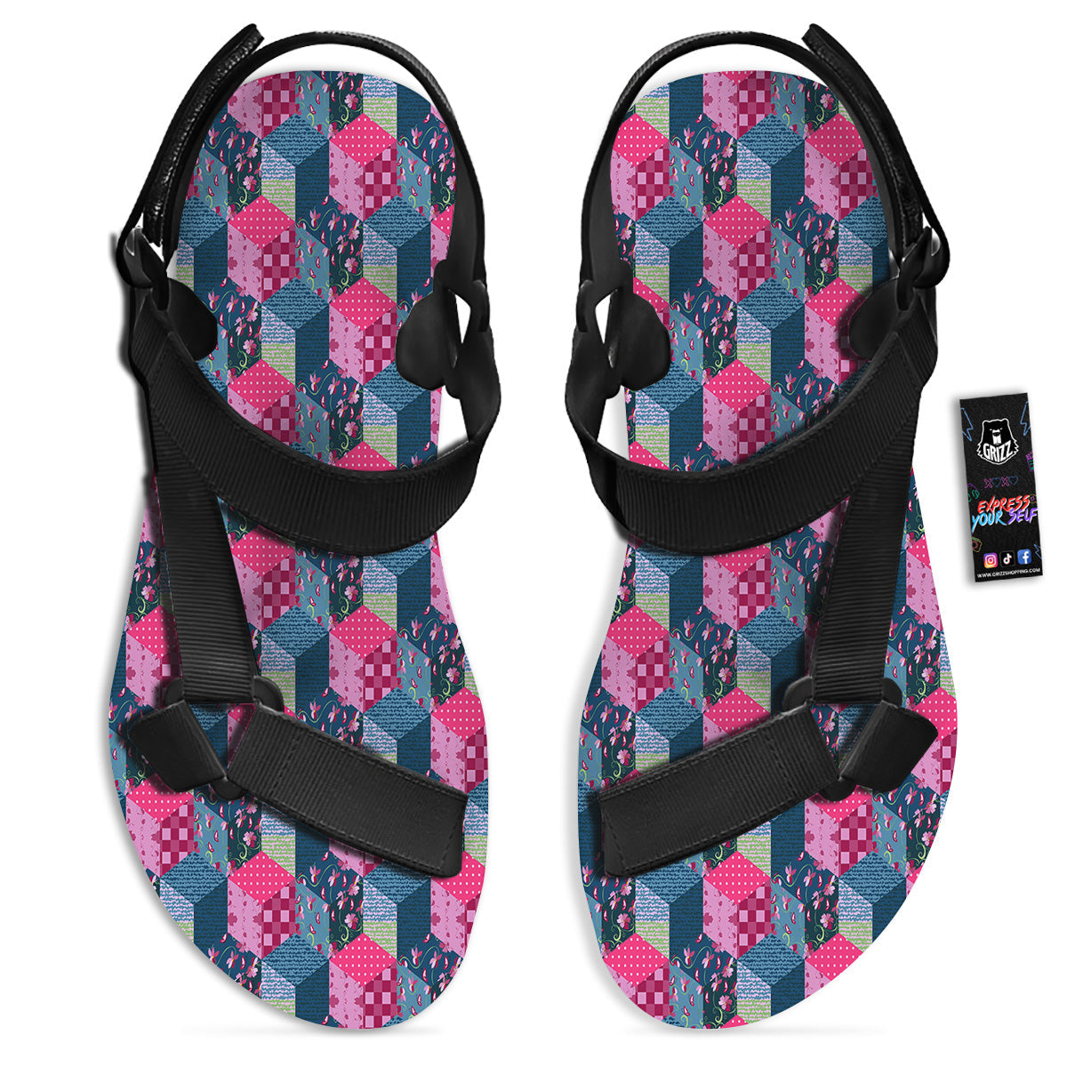 Cute Floral Patchwork Print Pattern Black Open Toe Sandals-grizzshop