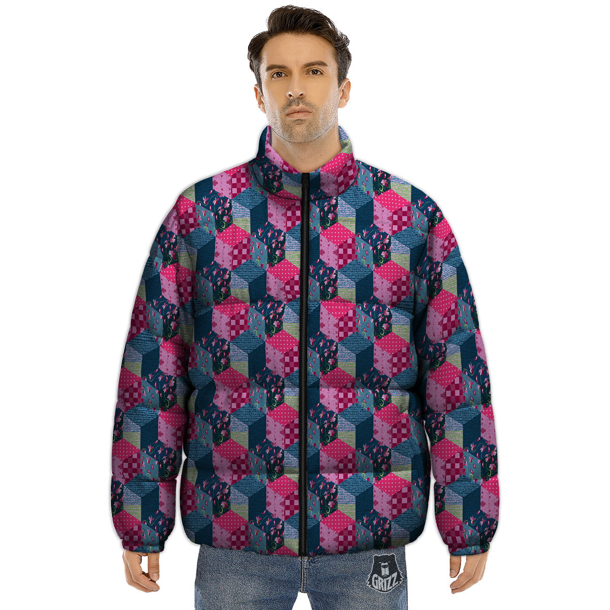 Cute Floral Patchwork Print Pattern Puffer Jacket-grizzshop