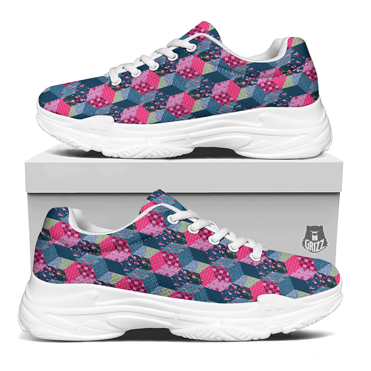 Cute Floral Patchwork Print Pattern White Chunky Shoes-grizzshop
