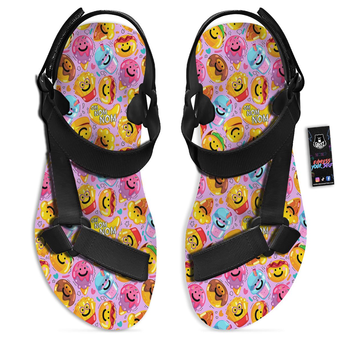 Cute Food Emoji Print Pattern Black Open Toe Sandals-grizzshop
