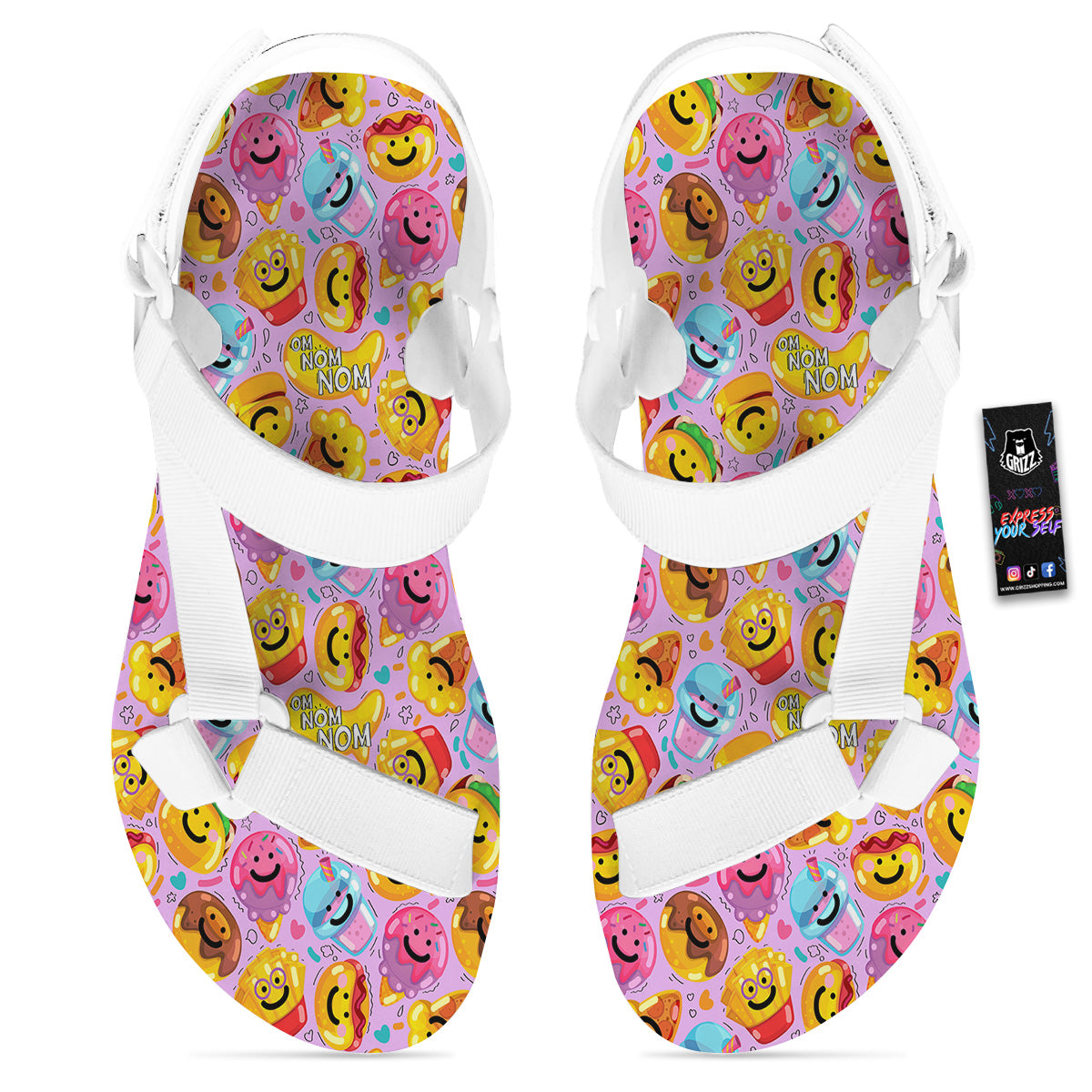 Cute Food Emoji Print Pattern White Open Toe Sandals-grizzshop