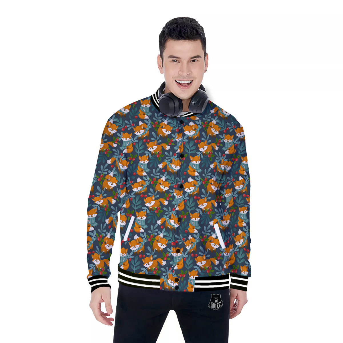 Cute Fox Print Pattern Baseball Jacket-grizzshop