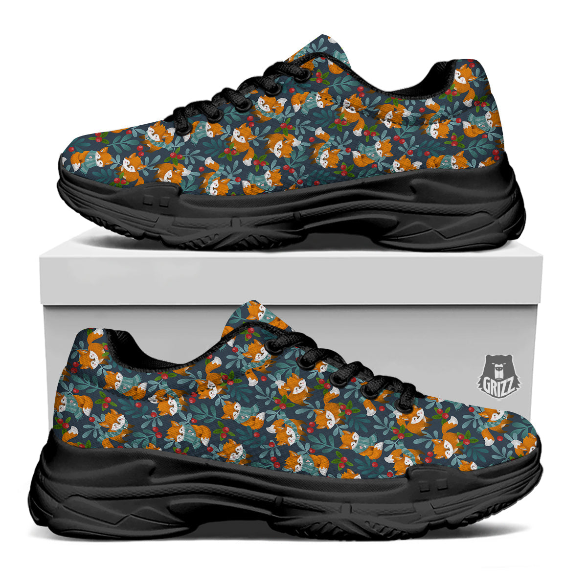 Cute Fox Print Pattern Black Chunky Shoes-grizzshop