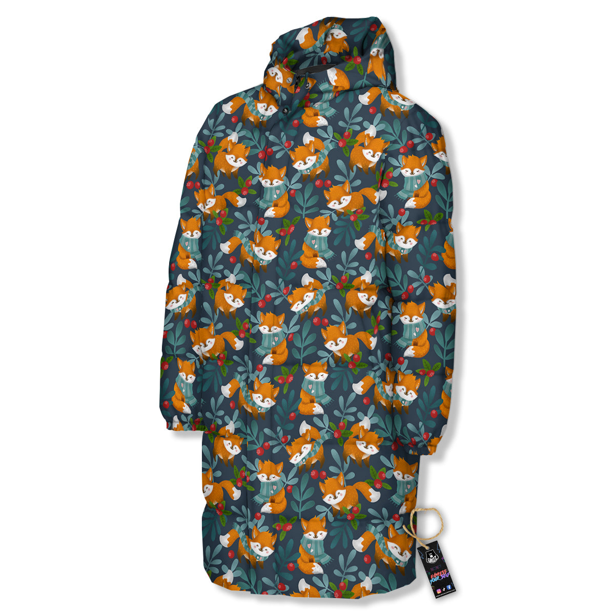 Cute Fox Print Pattern Long Down Jacket-grizzshop