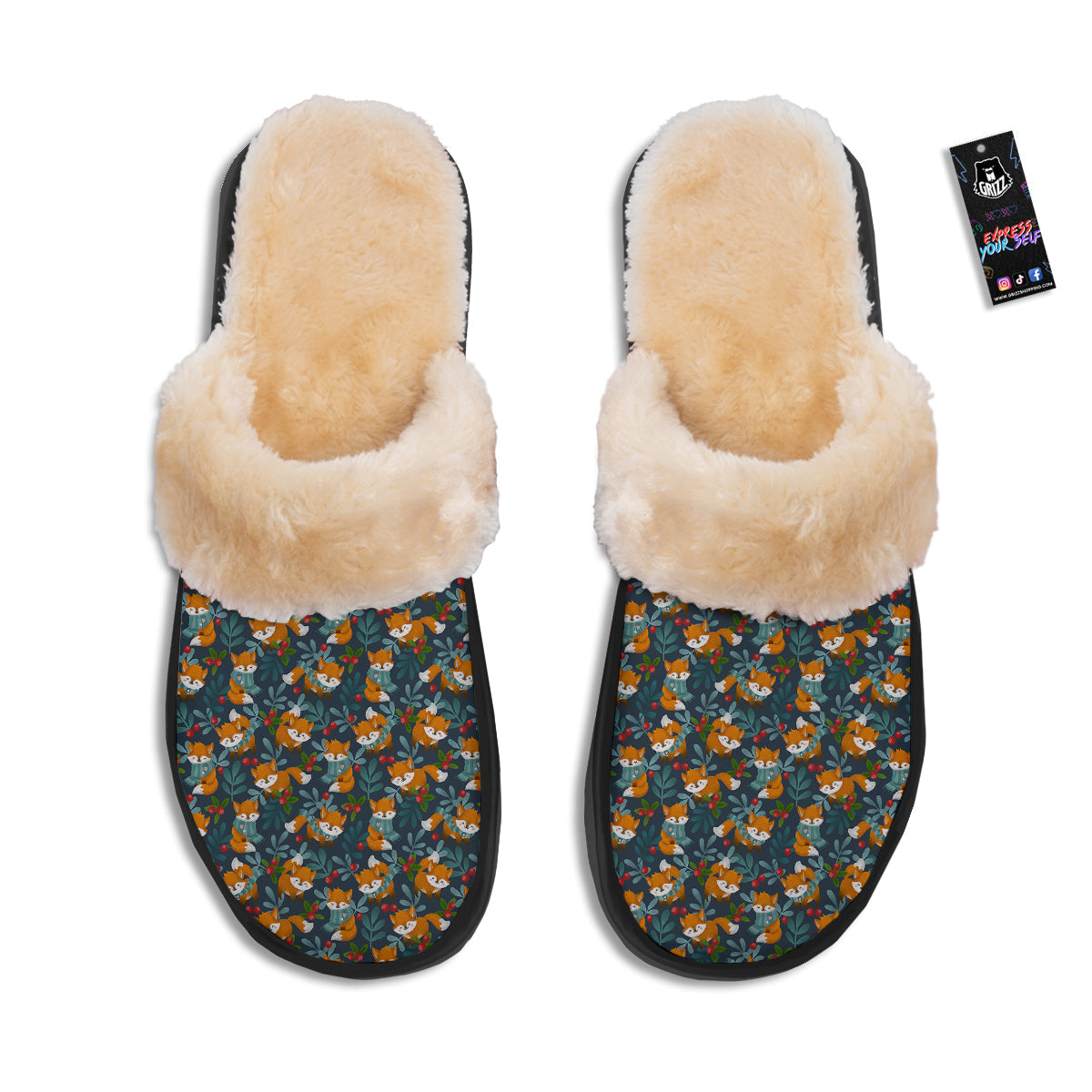 Cute Fox Print Pattern Slippers-grizzshop