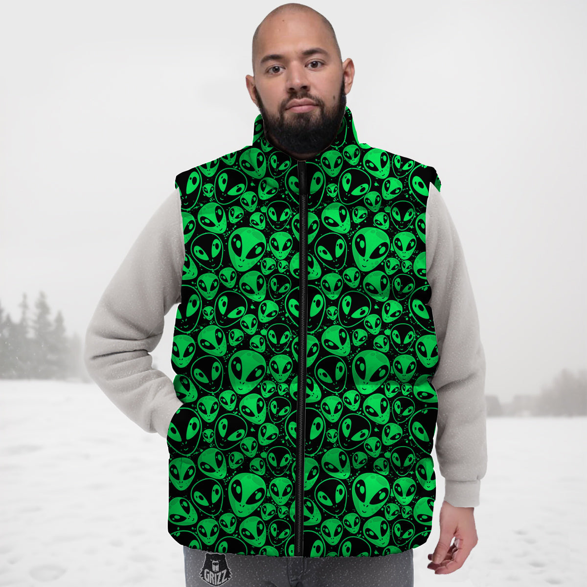 Cute Green Alien Print Pattern Down Vest-grizzshop