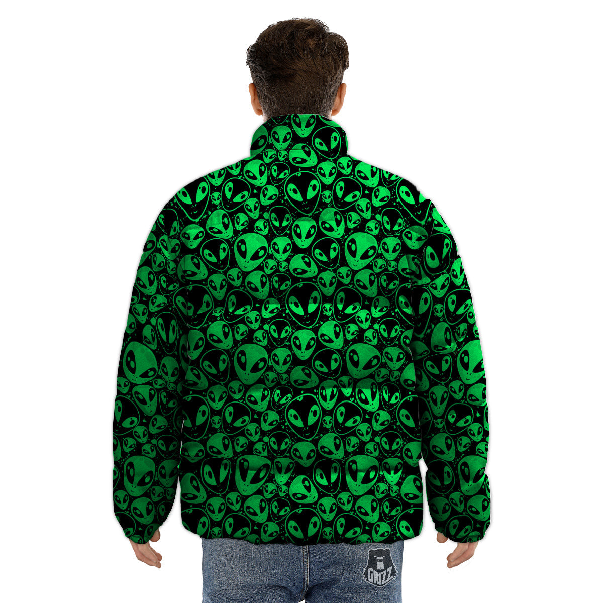 Cute Green Alien Print Pattern Puffer Jacket-grizzshop