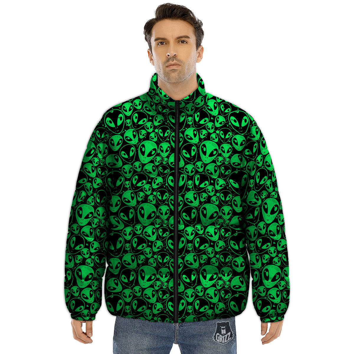 Cute Green Alien Print Pattern Puffer Jacket-grizzshop