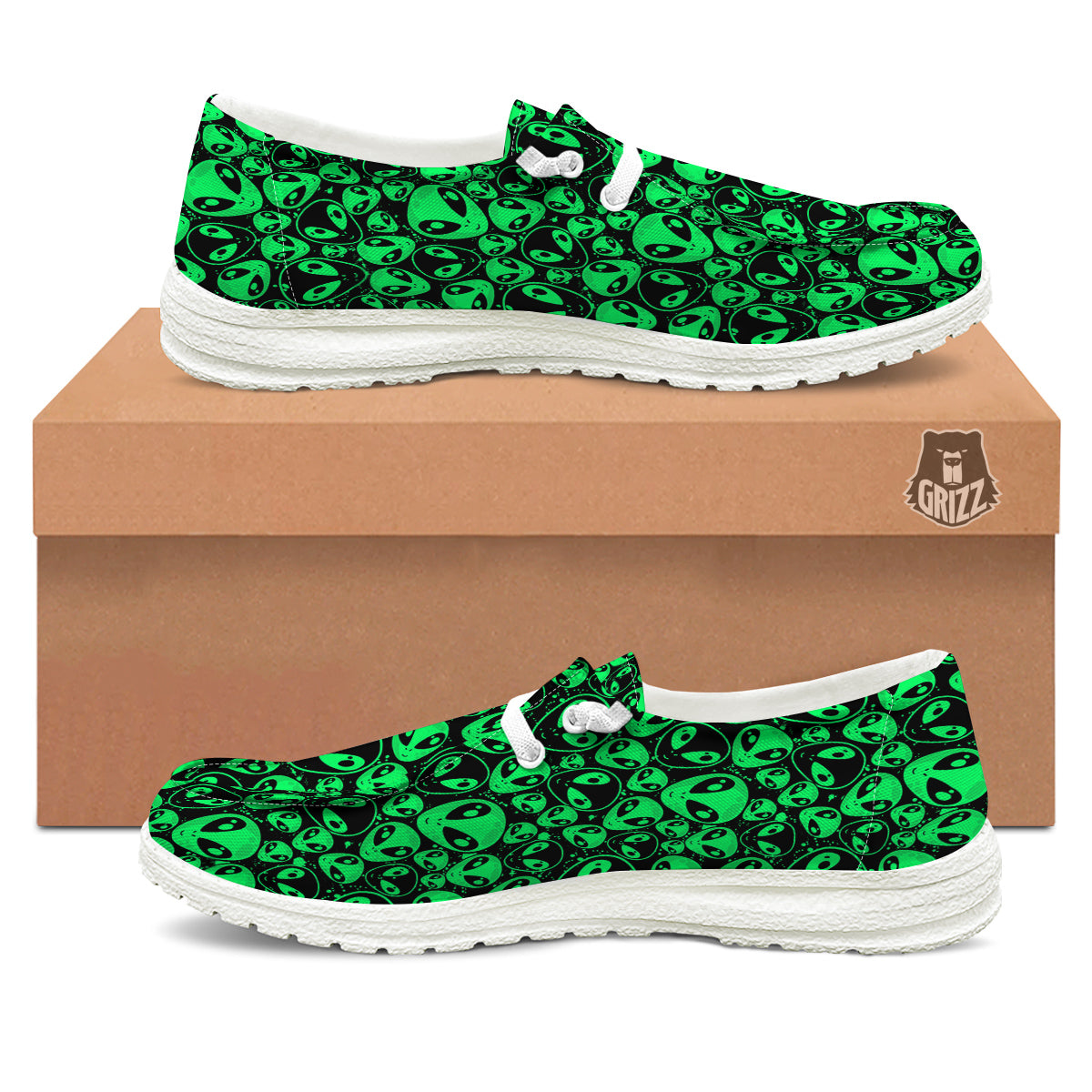 Cute Green Alien Print Pattern White Loafers-grizzshop