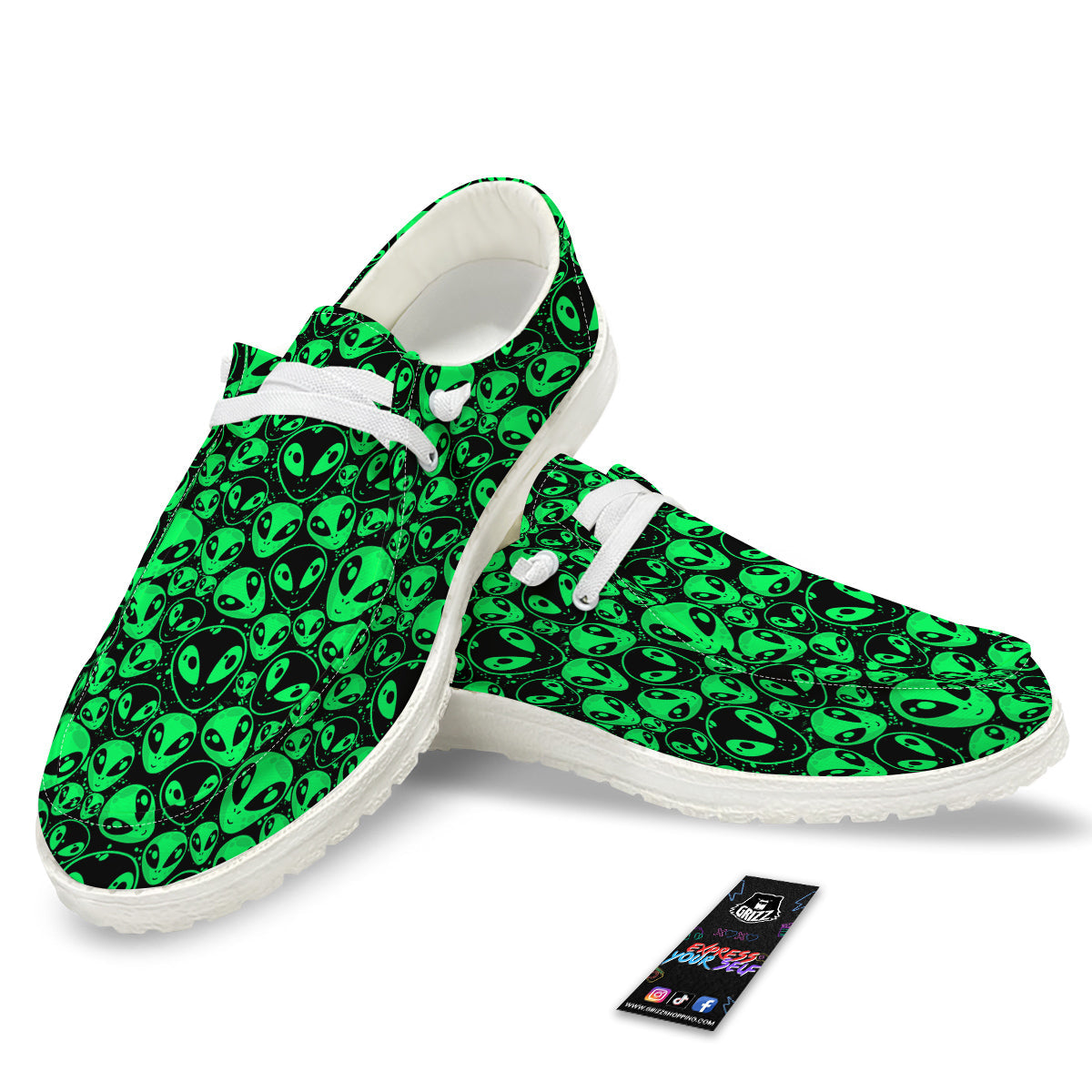 Cute Green Alien Print Pattern White Loafers-grizzshop