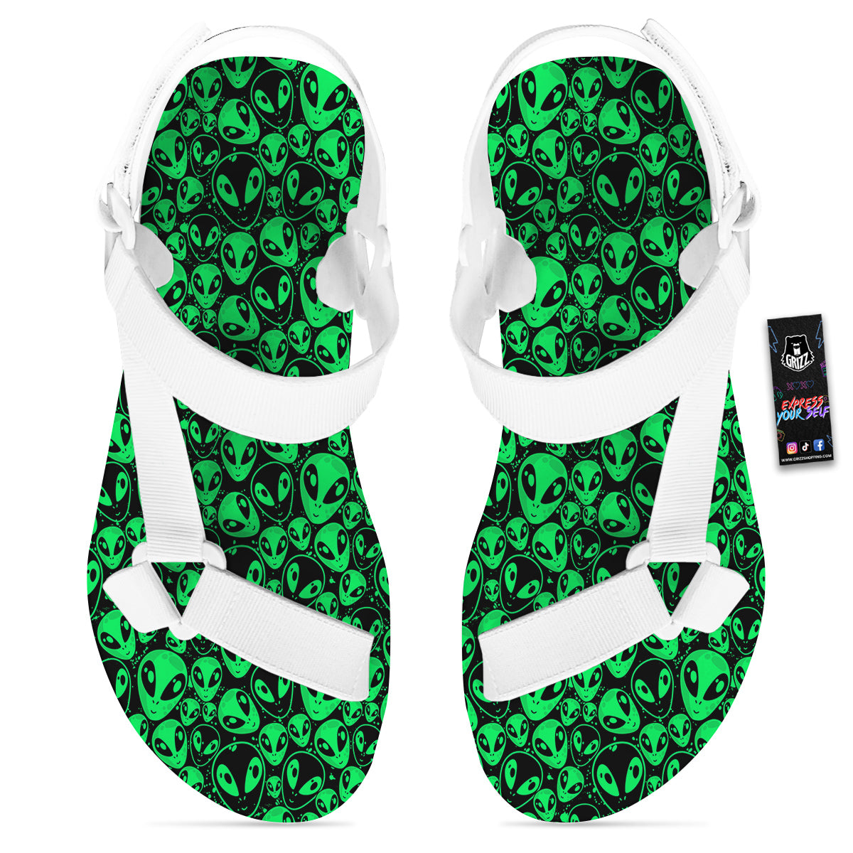 Cute Green Alien Print Pattern White Open Toe Sandals-grizzshop