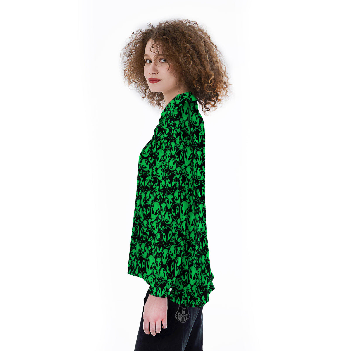 Cute Green Alien Print Pattern Women's Long Sleeve Shirts-grizzshop
