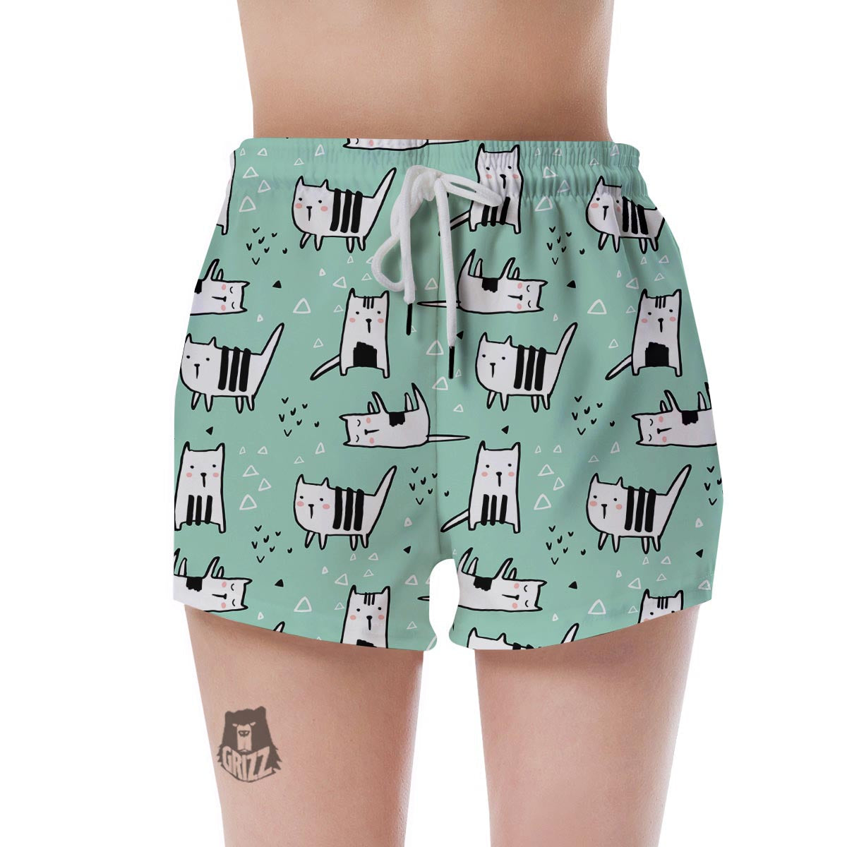 Cute Green Doodle Cat Print Women's Shorts-grizzshop