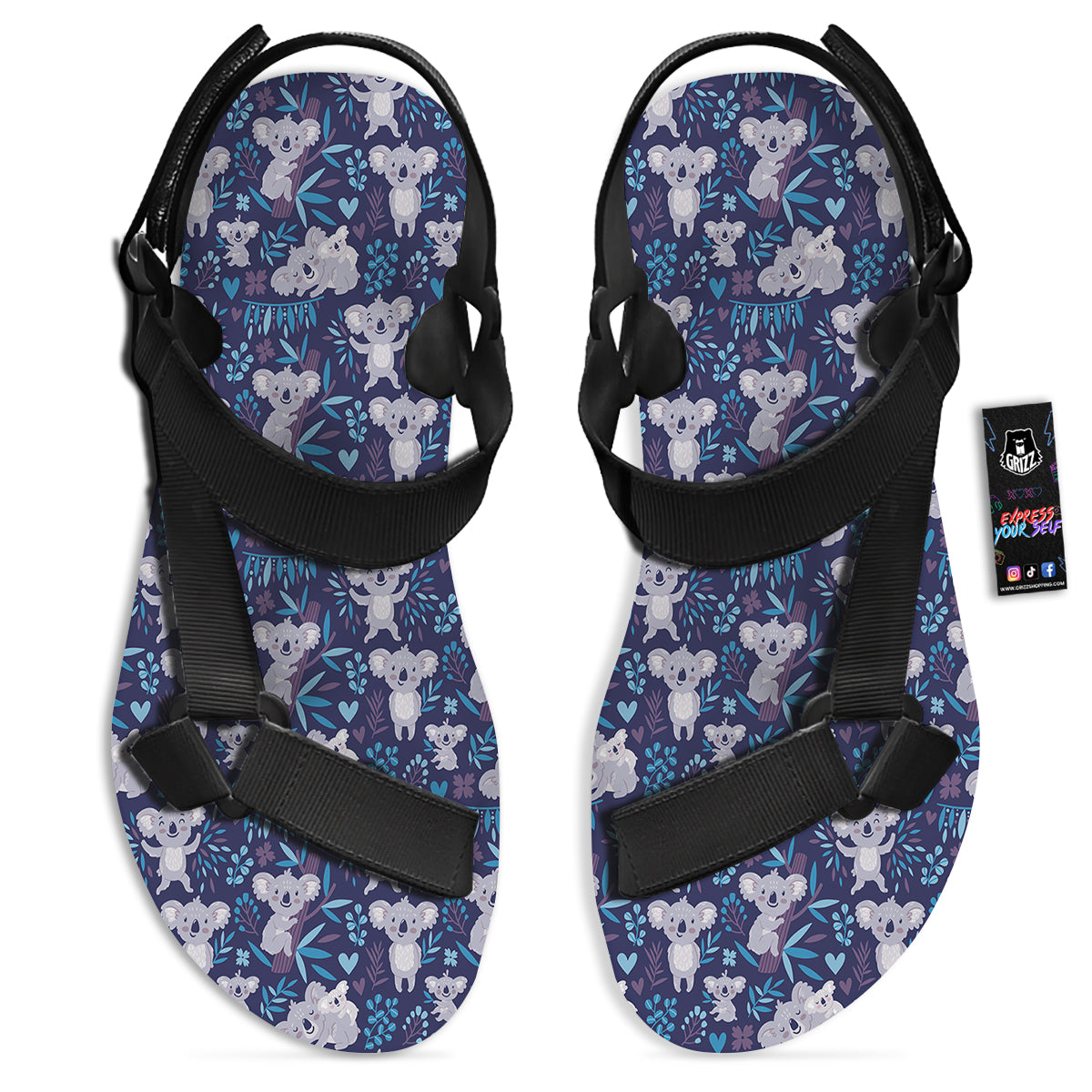 Cute Koala Print Pattern Black Open Toe Sandals-grizzshop